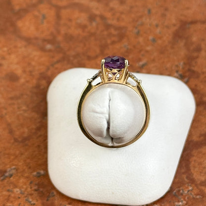 14KT Yellow Gold Oval Checkerboard Cut Amethyst + Round Diamond Ring