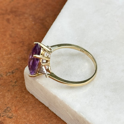 14KT Yellow Gold Oval Checkerboard Cut Amethyst + Round Diamond Ring