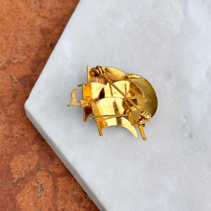 Estate Yellow, White and Black Tone Spanish Damascene Galleon Ship Pin Brooch