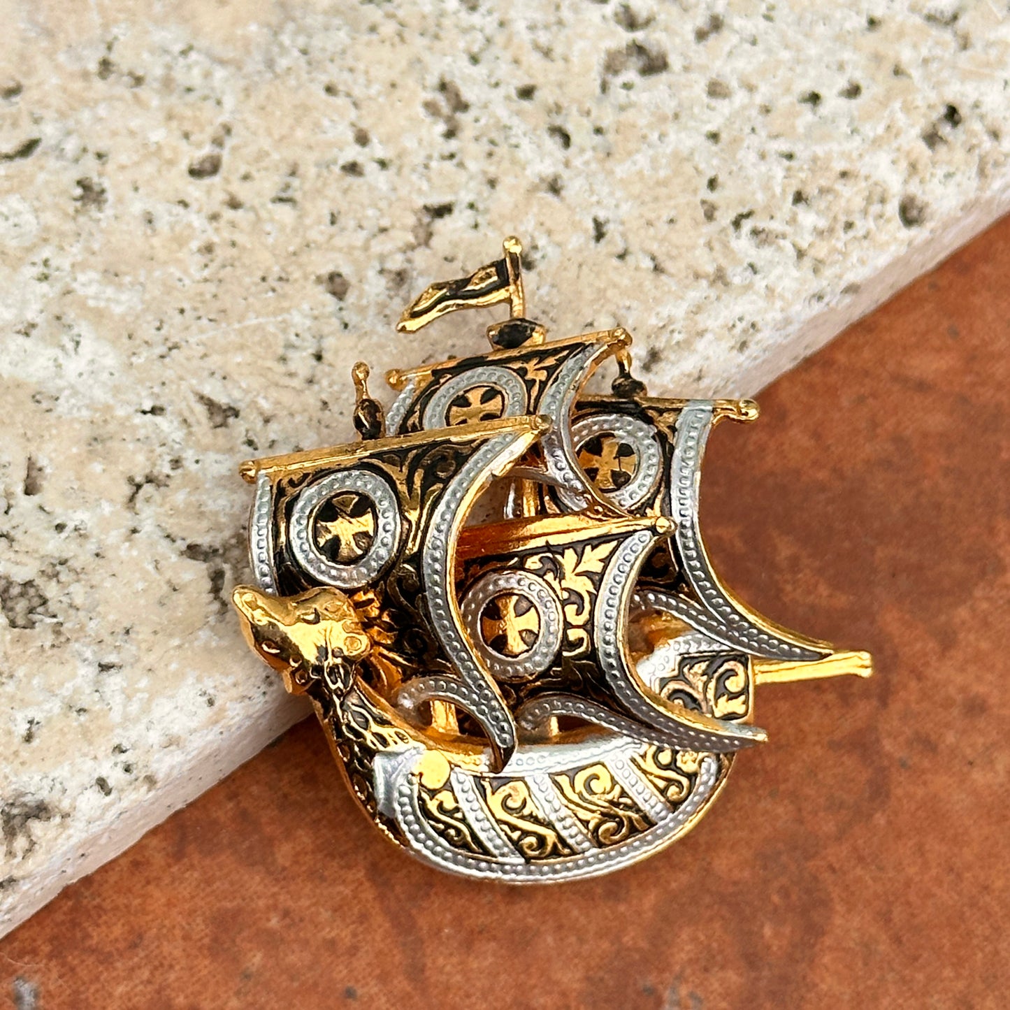 Estate Yellow, White and Black Tone Spanish Damascene Galleon Ship Pin Brooch