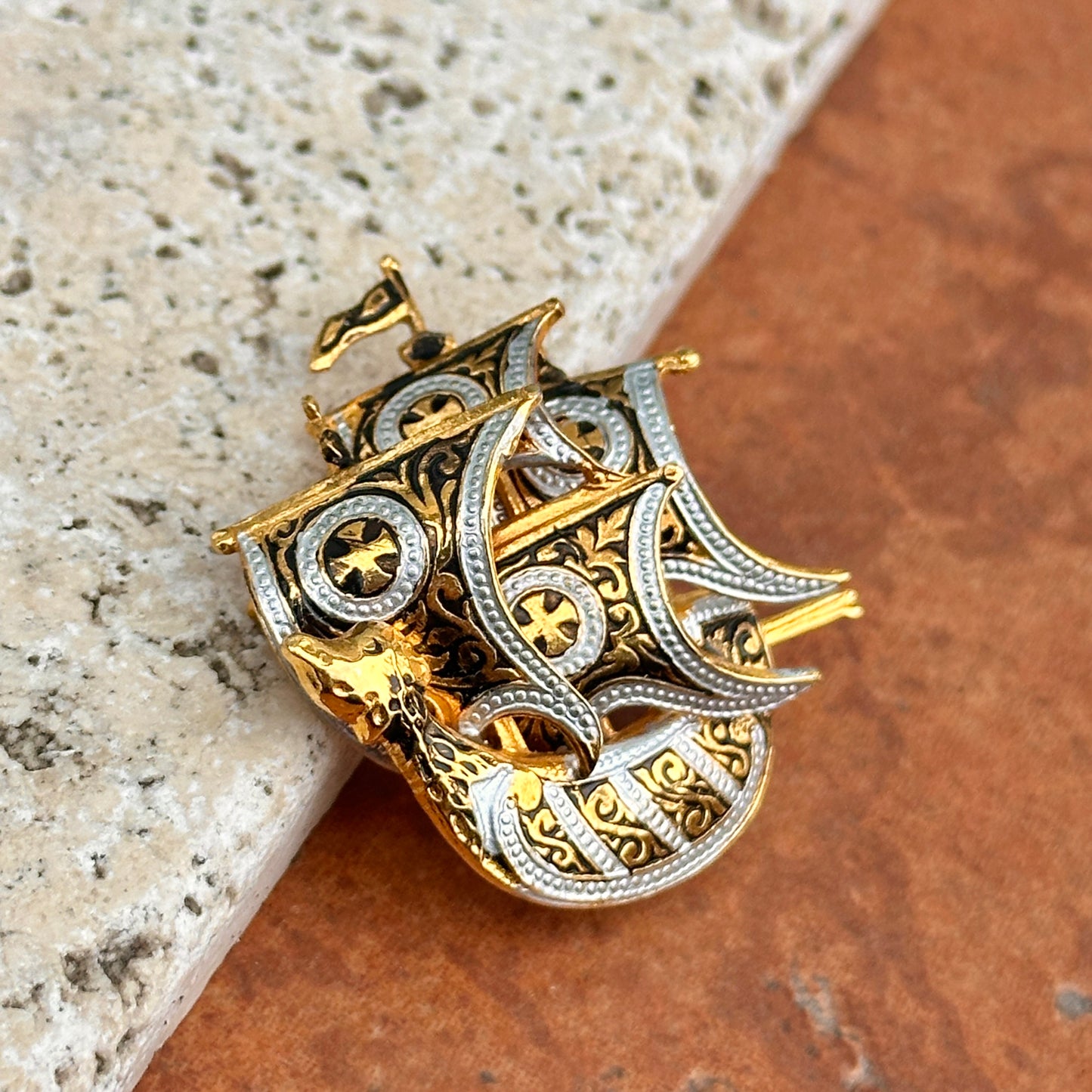 Estate Yellow, White and Black Tone Spanish Damascene Galleon Ship Pin Brooch