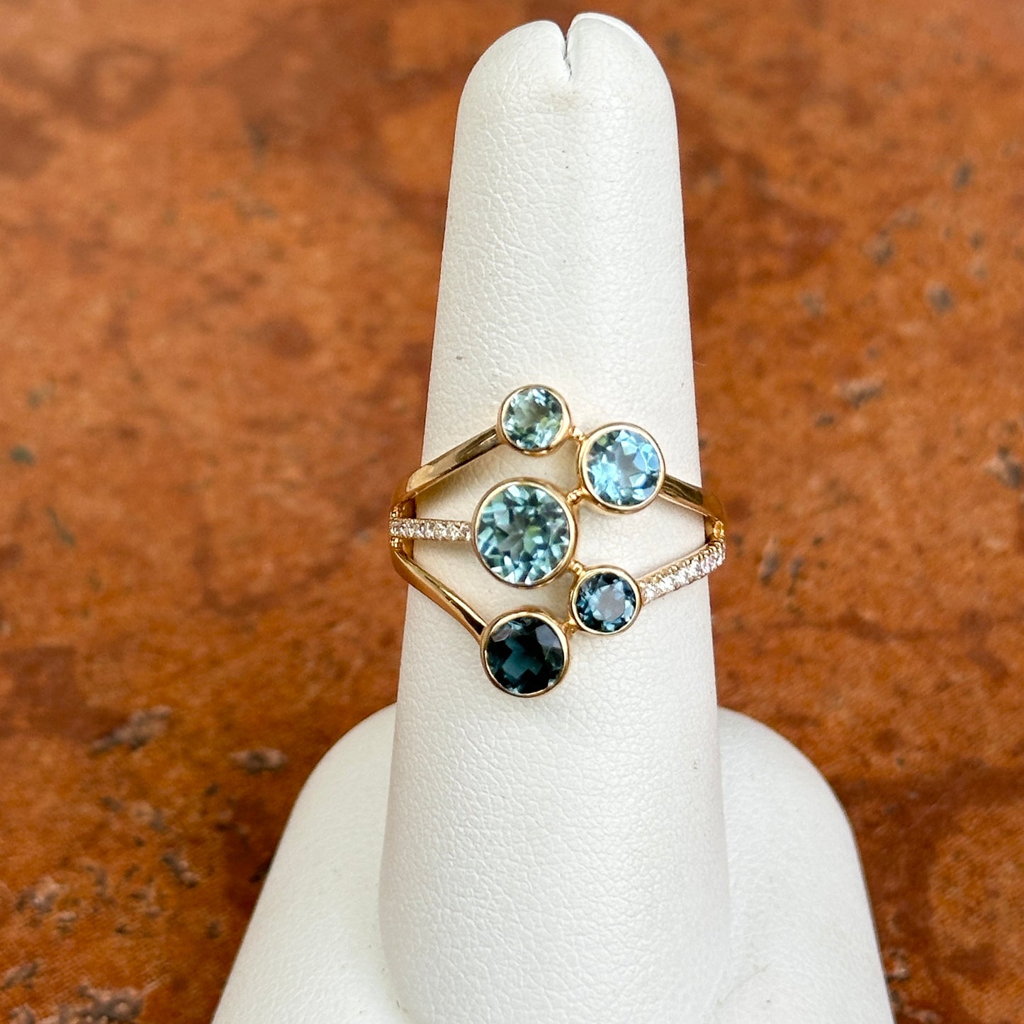 18KT Yellow Gold Round Swiss & London Blue Topaz + Diamond Ring