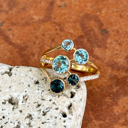 18KT Yellow Gold Round Swiss & London Blue Topaz + Diamond Ring