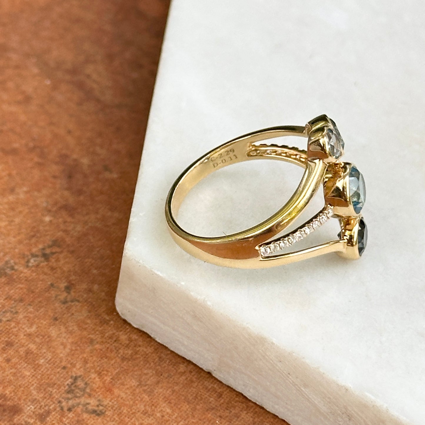 18KT Yellow Gold Round Swiss & London Blue Topaz + Diamond Ring