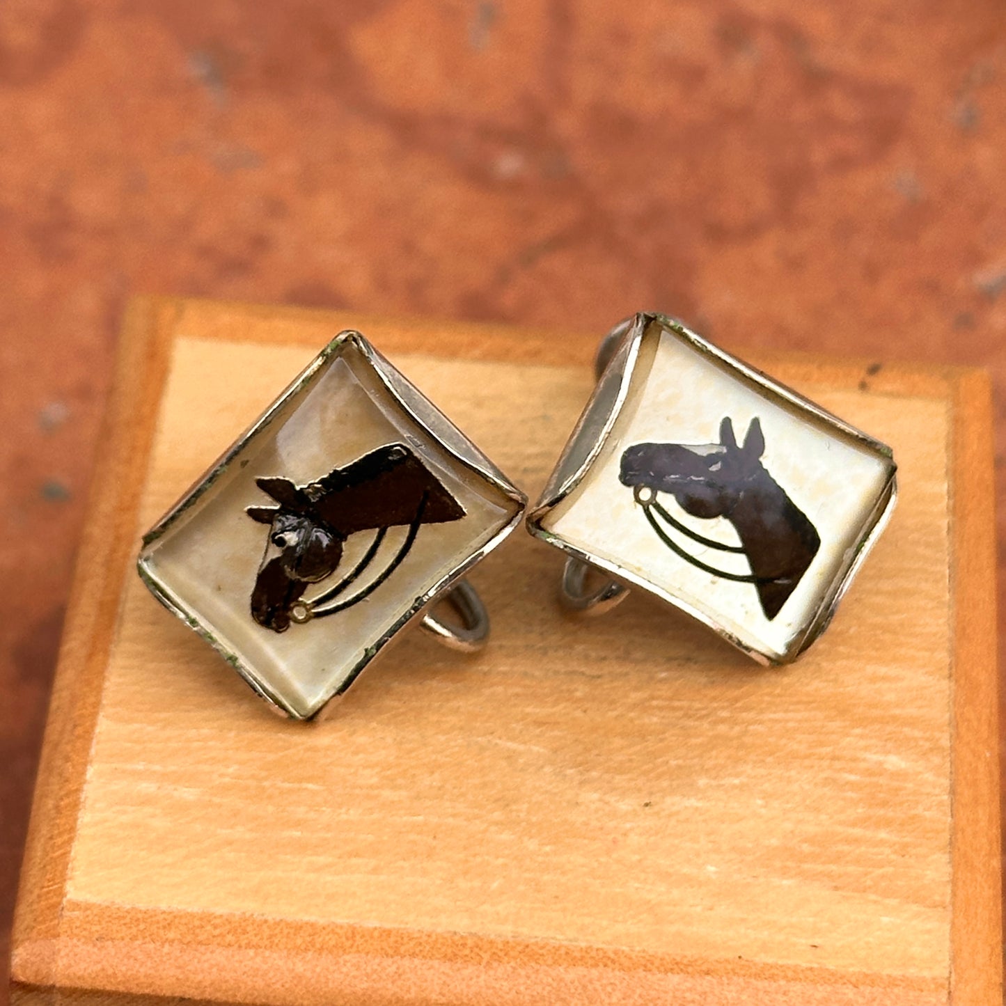 Estate Silver Tone Painted Horse Crystal Rectangle Screw Back Earrings