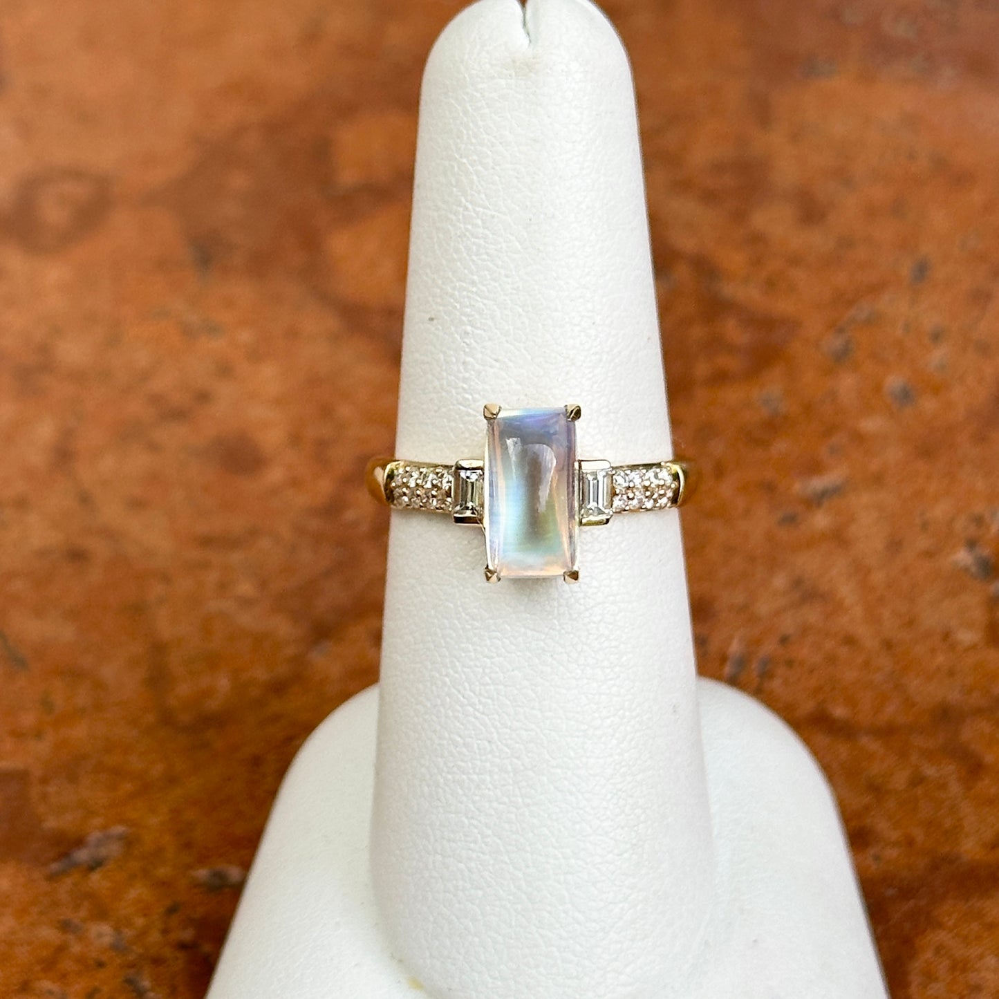 18KT Yellow Gold Rectangle Cabochon Moonstone + Diamond Ring
