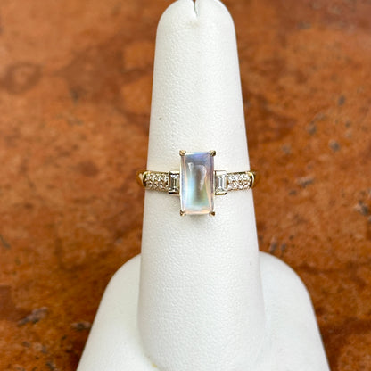 18KT Yellow Gold Rectangle Cabochon Moonstone + Diamond Ring