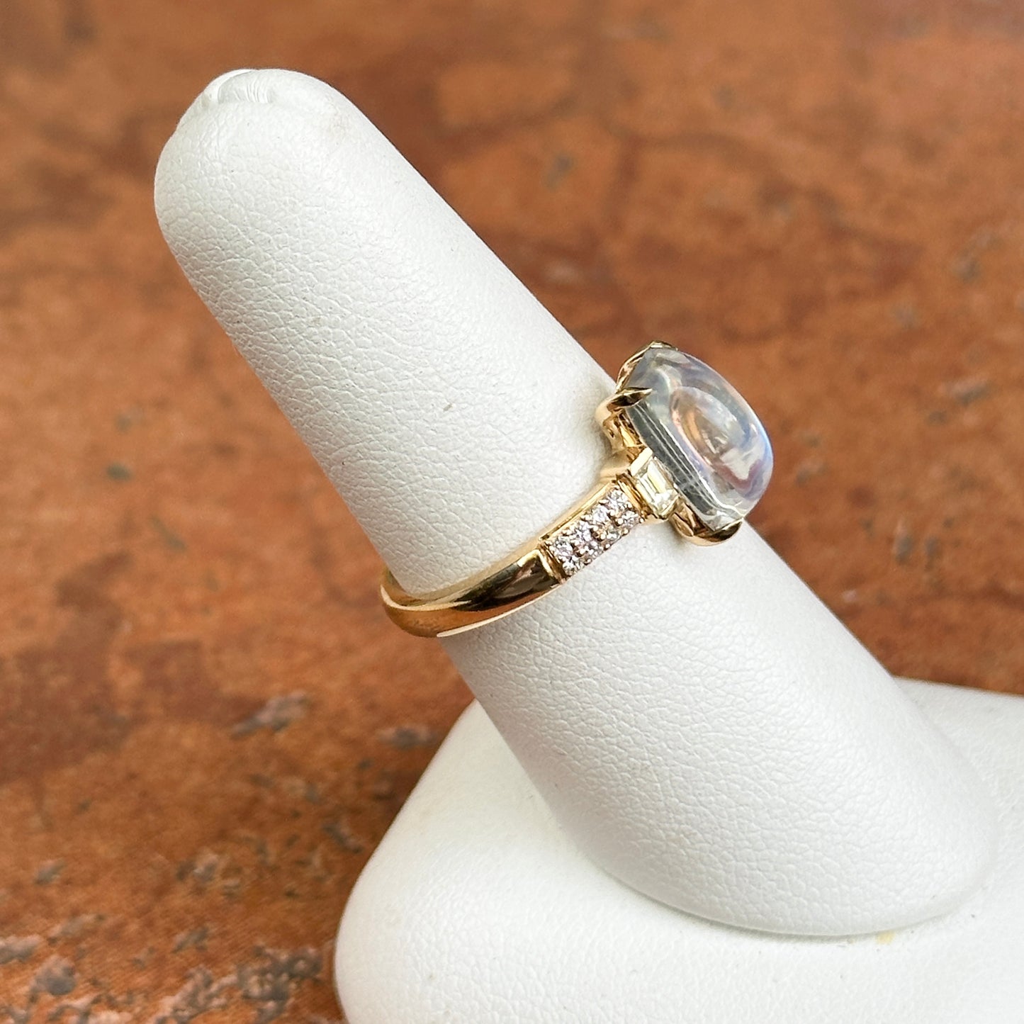 18KT Yellow Gold Rectangle Cabochon Moonstone + Diamond Ring