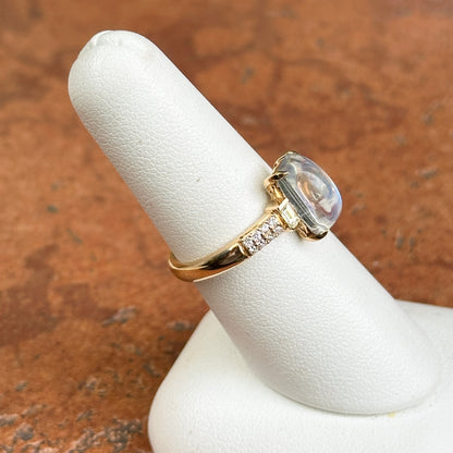 18KT Yellow Gold Rectangle Cabochon Moonstone + Diamond Ring