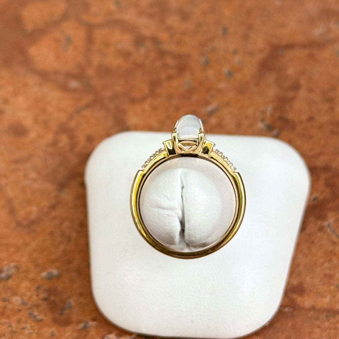 18KT Yellow Gold Rectangle Cabochon Moonstone + Diamond Ring