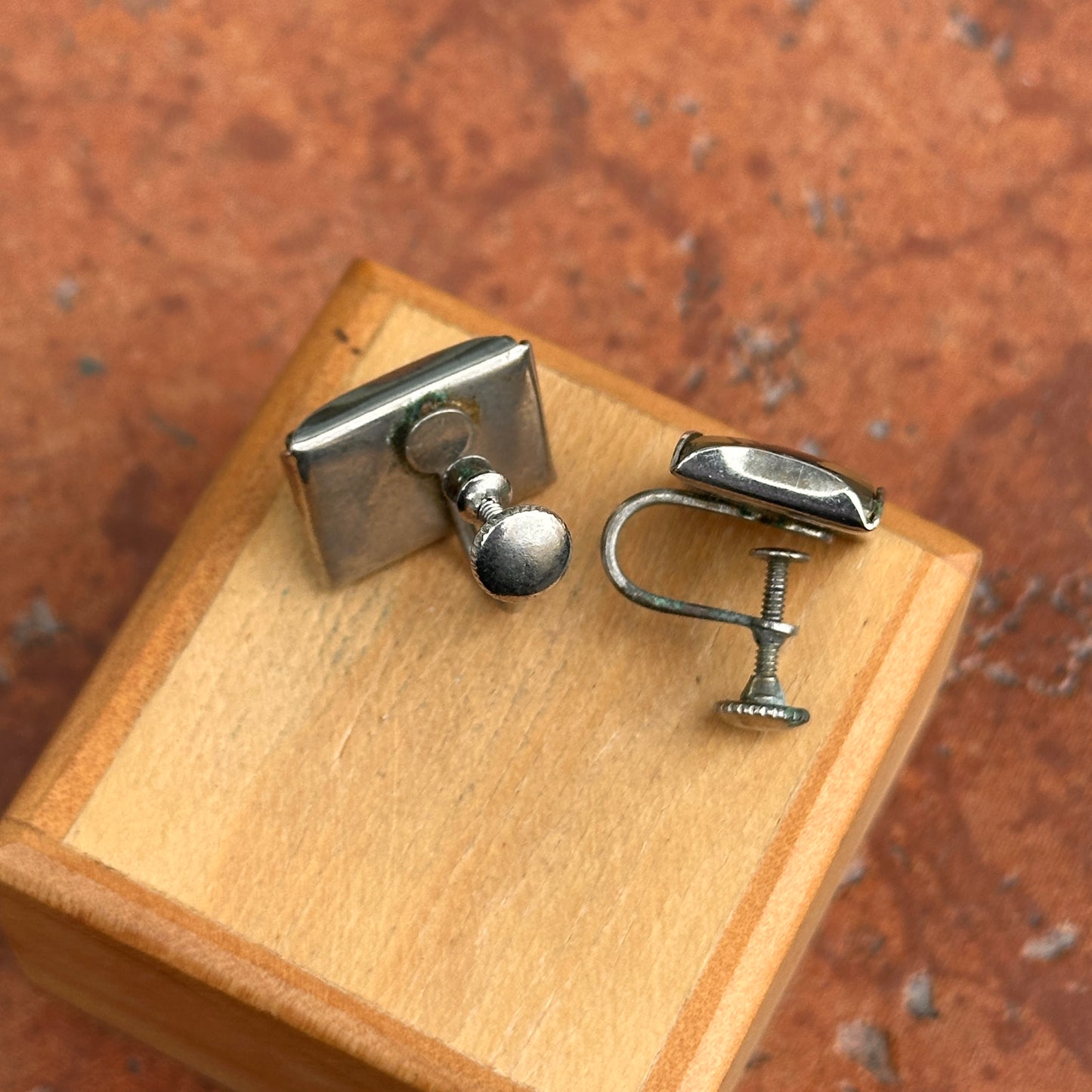 Estate Silver Tone Painted Horse Crystal Rectangle Screw Back Earrings