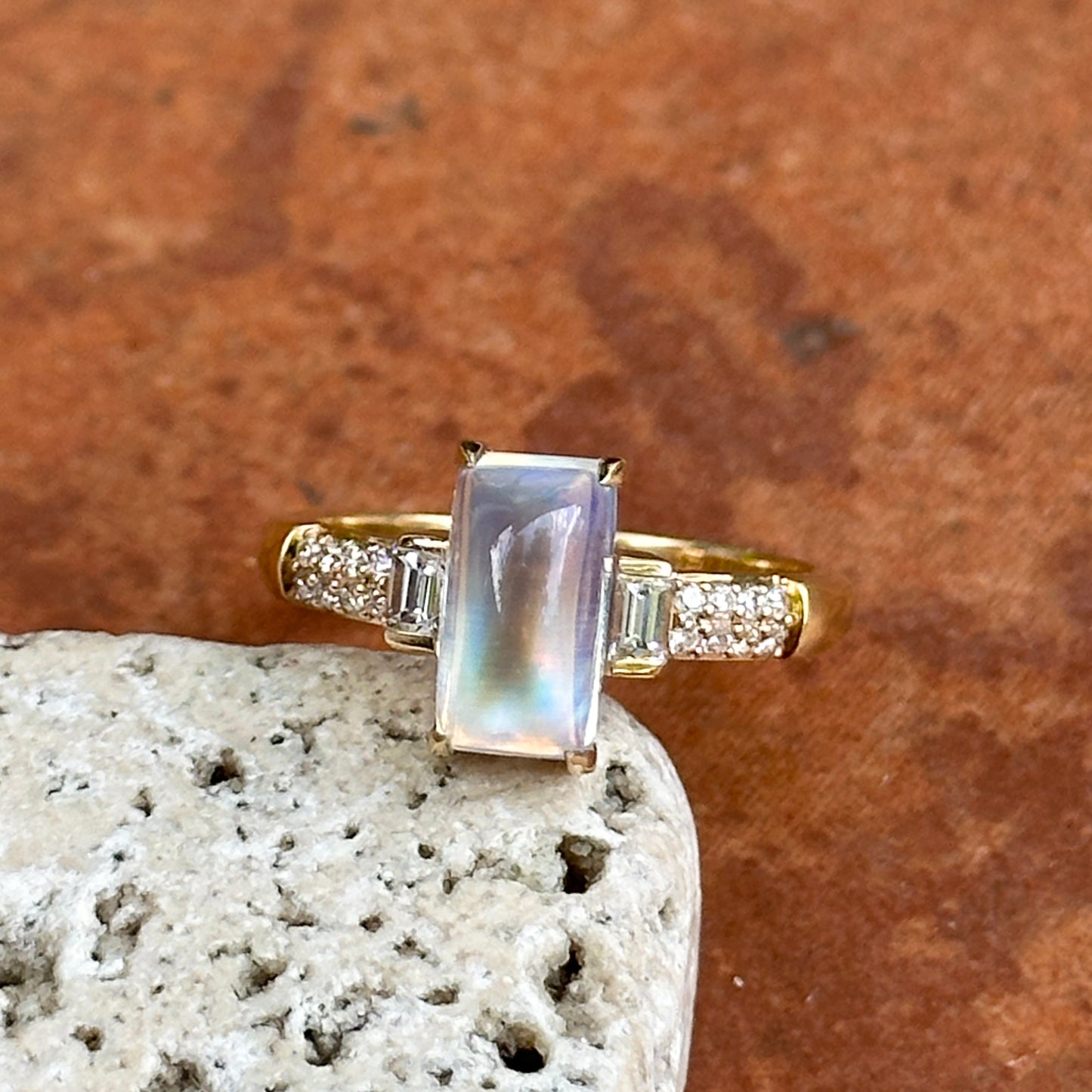 18KT Yellow Gold Rectangle Cabochon Moonstone + Diamond Ring