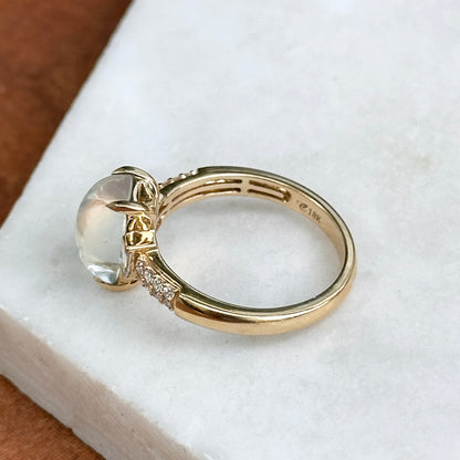 18KT Yellow Gold Rectangle Cabochon Moonstone + Diamond Ring