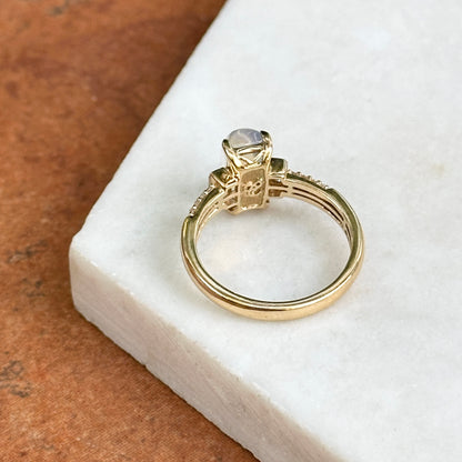 18KT Yellow Gold Rectangle Cabochon Moonstone + Diamond Ring