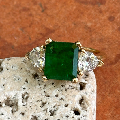 Estate 14KT Yellow Gold 2.89 CT Emerald-Cut Emerald + Trillion Diamond Ring