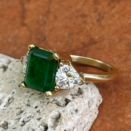 Estate 14KT Yellow Gold 2.89 CT Emerald-Cut Emerald + Trillion Diamond Ring
