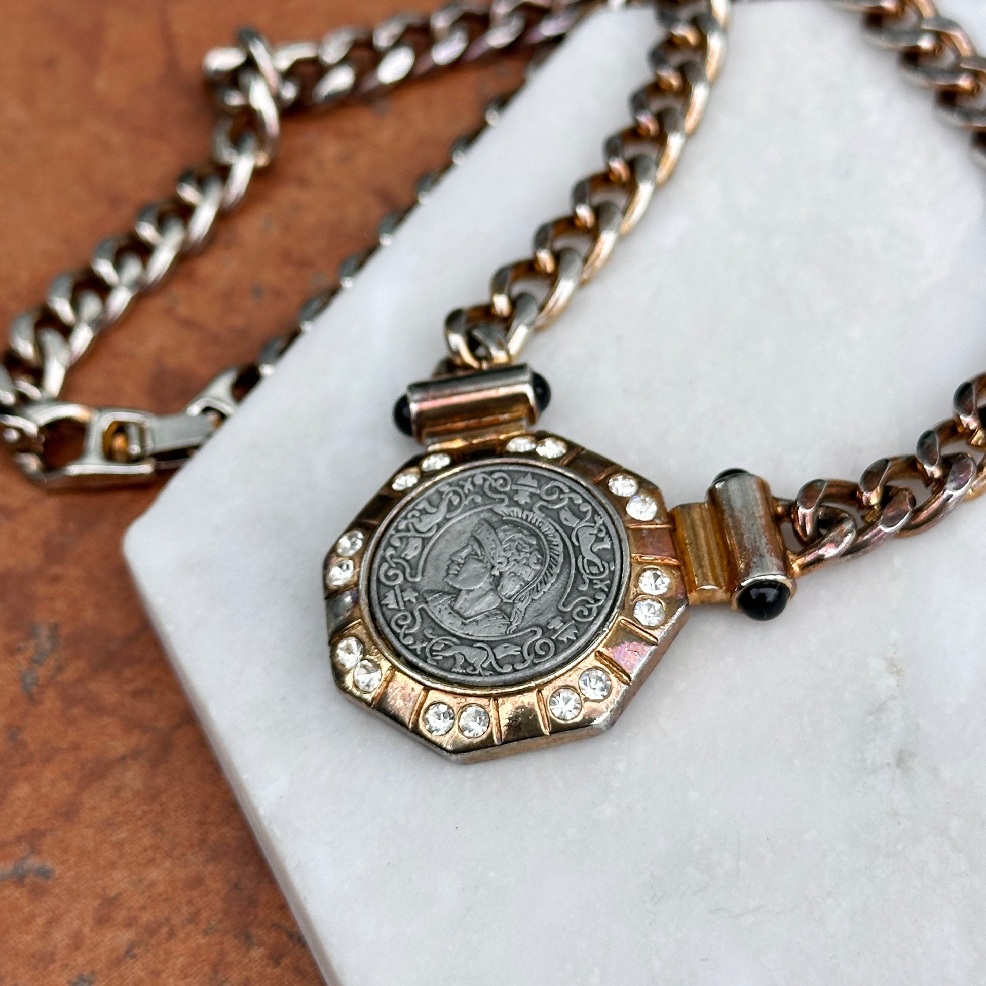 Estate Silver/ Yellow-Tone Replica Roman Coin Chain Necklace - LSJ