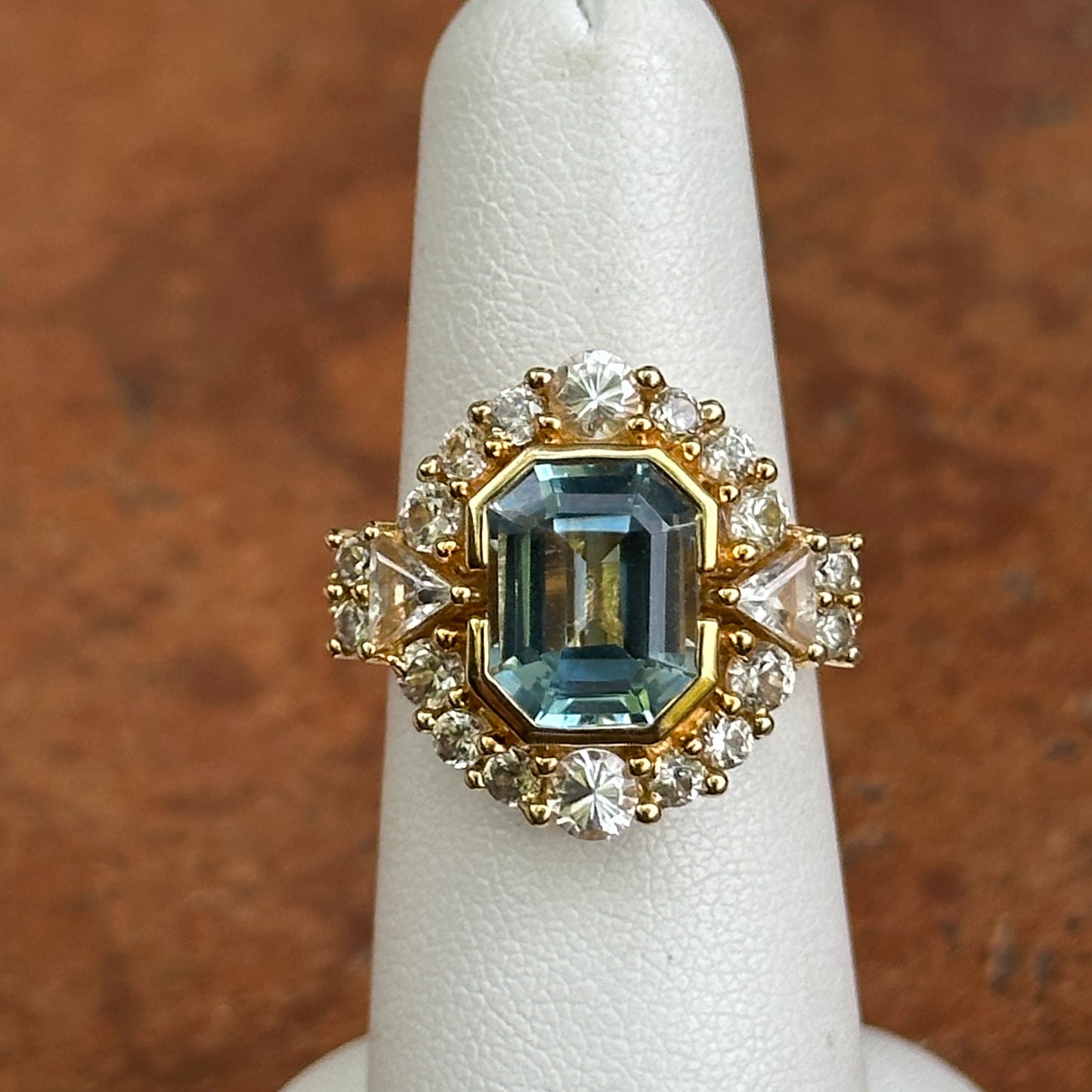 Yellow Gold-Plated Sterling Silver Emerald Cut Blue Topaz + White Topaz Ring