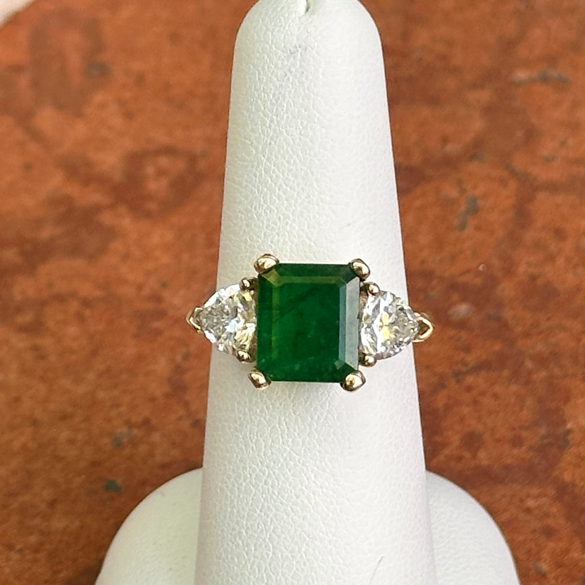 Estate 14KT Yellow Gold 2.89 CT Emerald-Cut Emerald + Trillion Diamond Ring