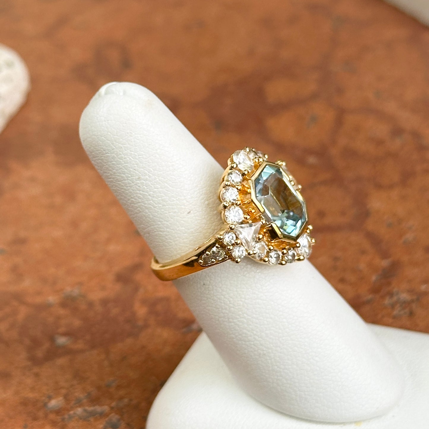 Yellow Gold-Plated Sterling Silver Emerald Cut Blue Topaz + White Topaz Ring