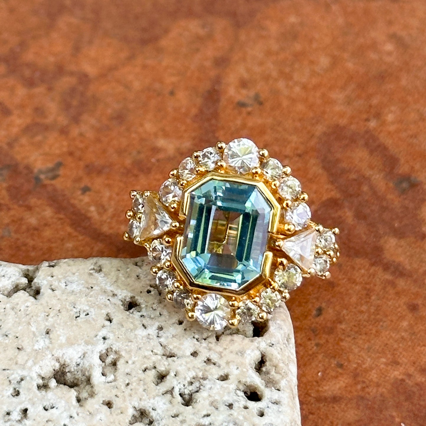 Yellow Gold-Plated Sterling Silver Emerald Cut Blue Topaz + White Topaz Ring