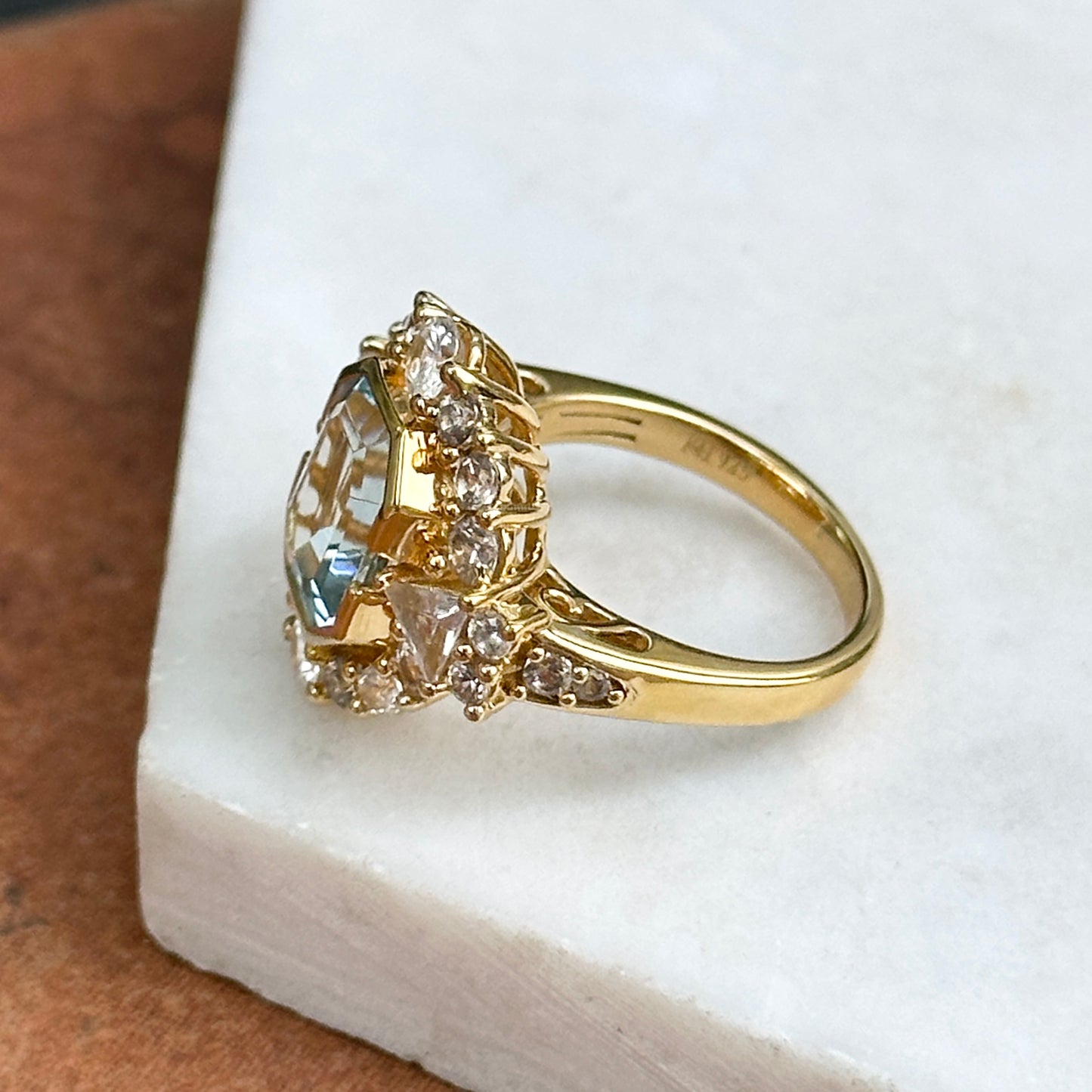 Yellow Gold-Plated Sterling Silver Emerald Cut Blue Topaz + White Topaz Ring