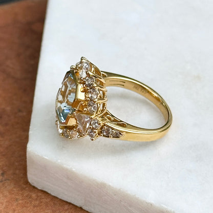 Yellow Gold-Plated Sterling Silver Emerald Cut Blue Topaz + White Topaz Ring