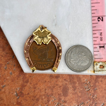 Copper Horseshoe and 4 Leaf Clover + 1942 Erie Harp Hen Irish Coin Pendant