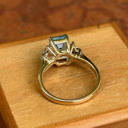 Estate 14KT Yellow Gold Emerald-Cut Blue Topaz + Diamond Ring