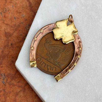 Copper Horseshoe and 4 Leaf Clover + 1942 Erie Harp Hen Irish Coin Pendant