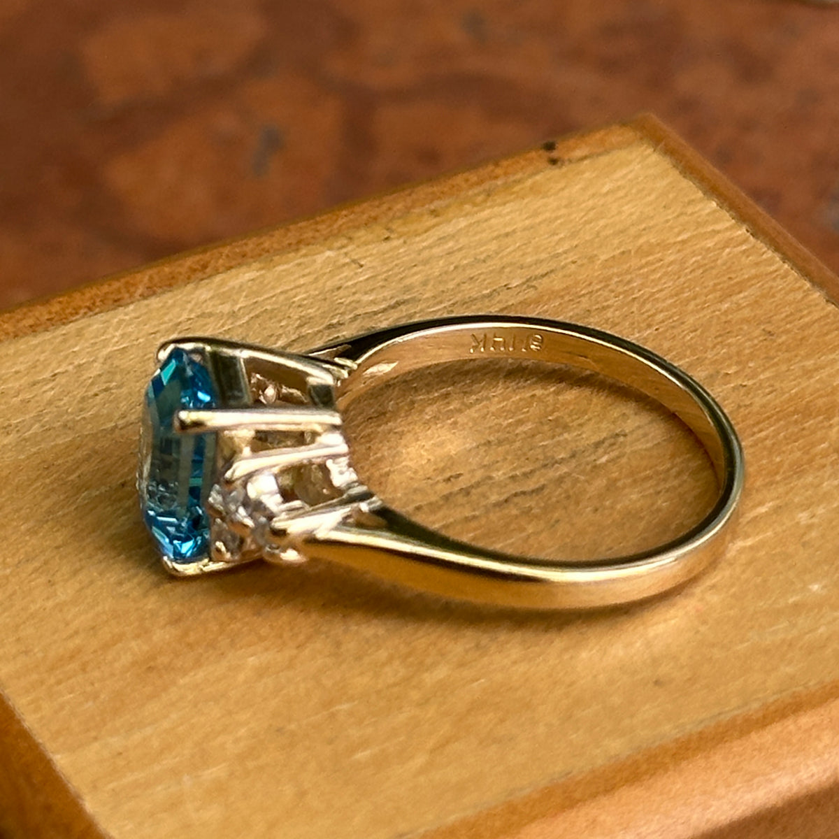 Estate 14KT Yellow Gold Emerald-Cut Blue Topaz + Diamond Ring