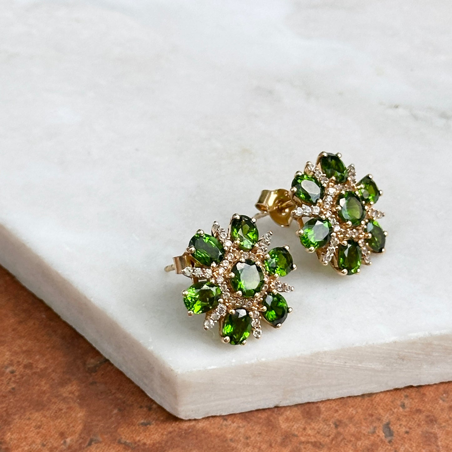 Sterling Silver Yellow Gold-Plated Chrome Green Gemstone + Cubic Zirconia Earrings