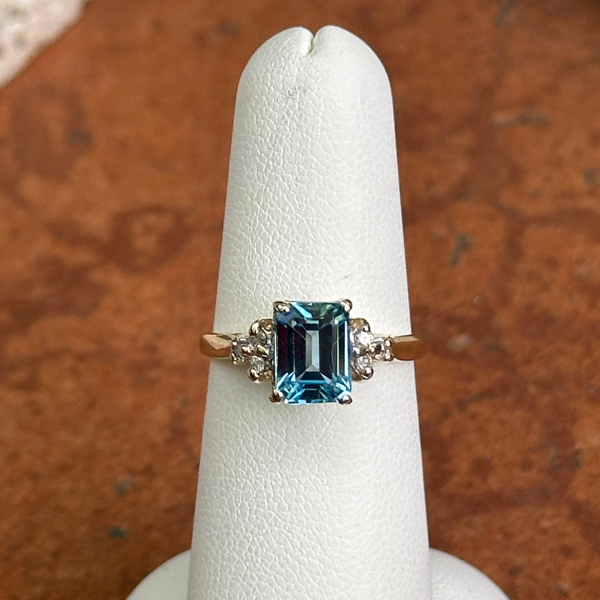 Estate 14KT Yellow Gold Emerald-Cut Blue Topaz + Diamond Ring