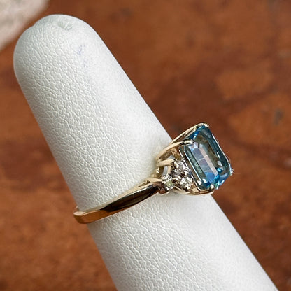 Estate 14KT Yellow Gold Emerald-Cut Blue Topaz + Diamond Ring