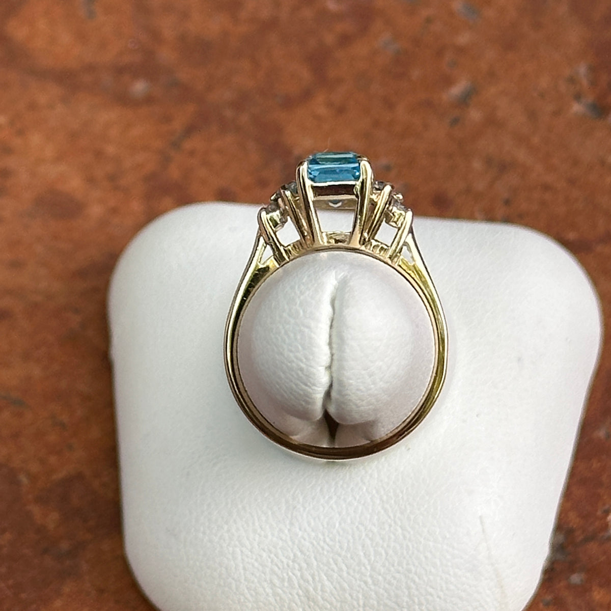 Estate 14KT Yellow Gold Emerald-Cut Blue Topaz + Diamond Ring