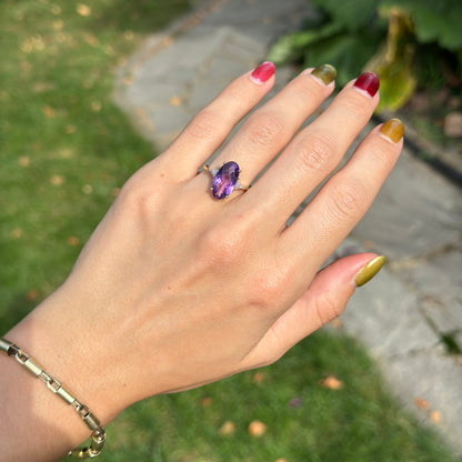 14KT Yellow Gold Oval Checkerboard Cut Amethyst + Round Diamond Ring