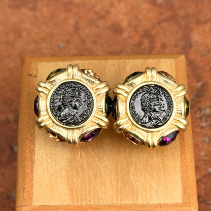 Estate Yellow Gold-Tone Replica Roman Coin Synthetic Gemstone Earrings