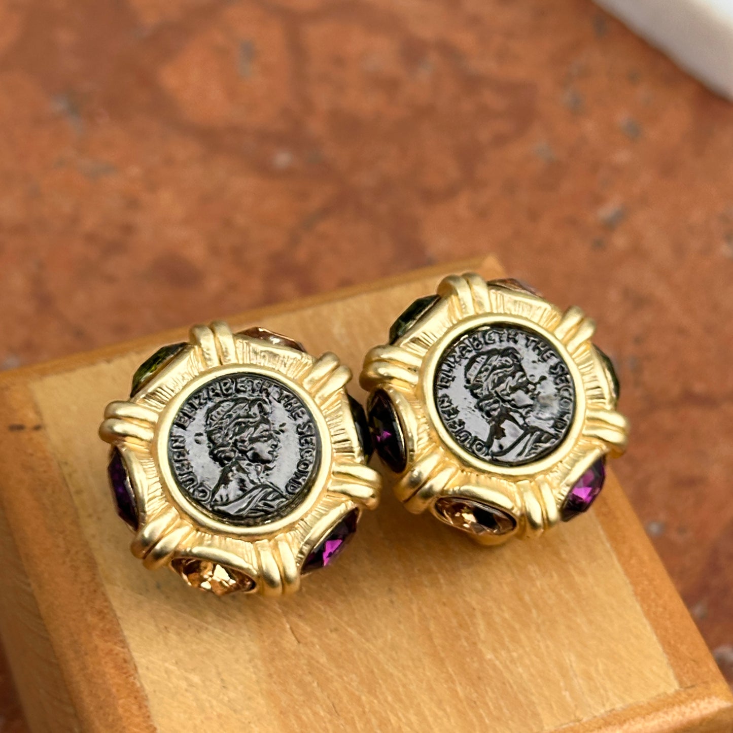 Estate Yellow Gold-Tone Replica Roman Coin Synthetic Gemstone Earrings