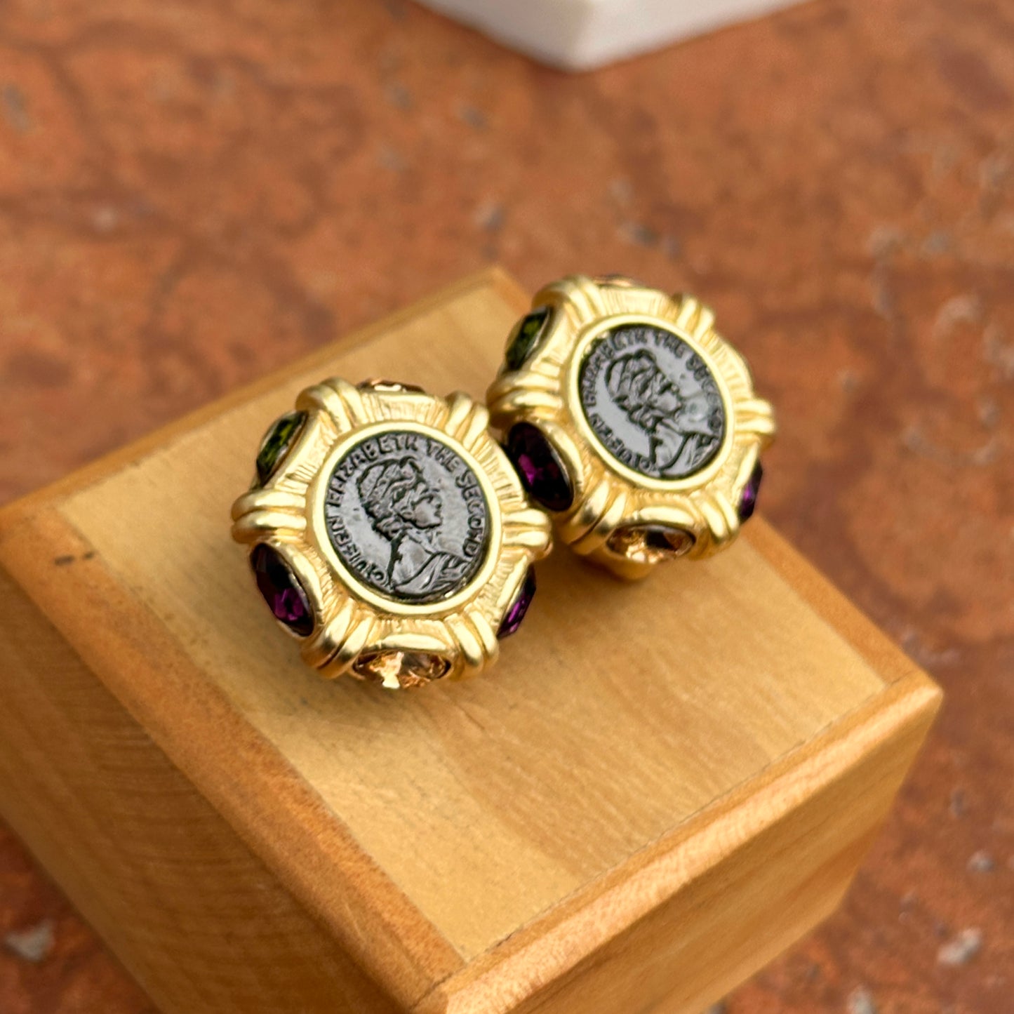 Estate Yellow Gold-Tone Replica Roman Coin Synthetic Gemstone Earrings