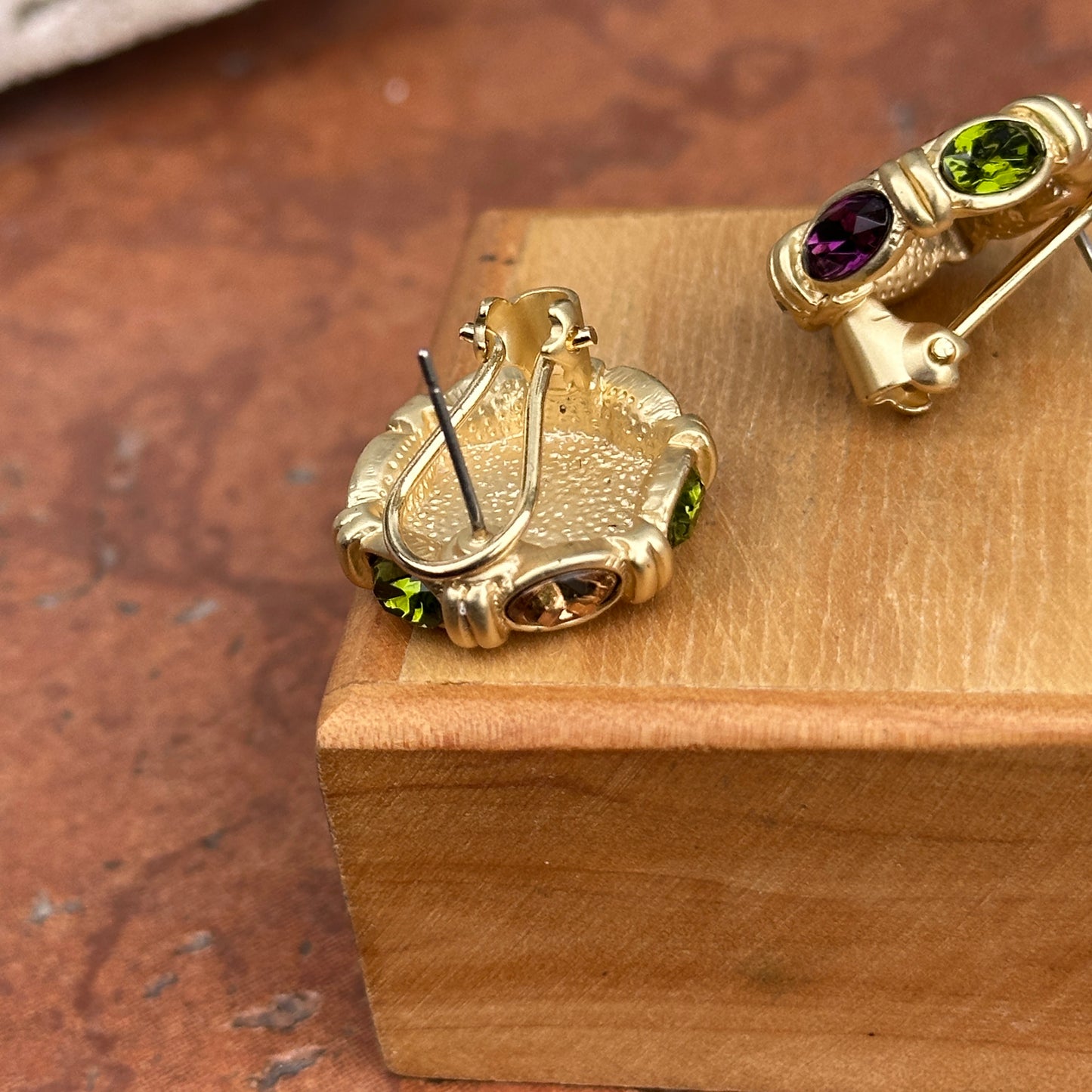 Estate Yellow Gold-Tone Replica Roman Coin Synthetic Gemstone Earrings