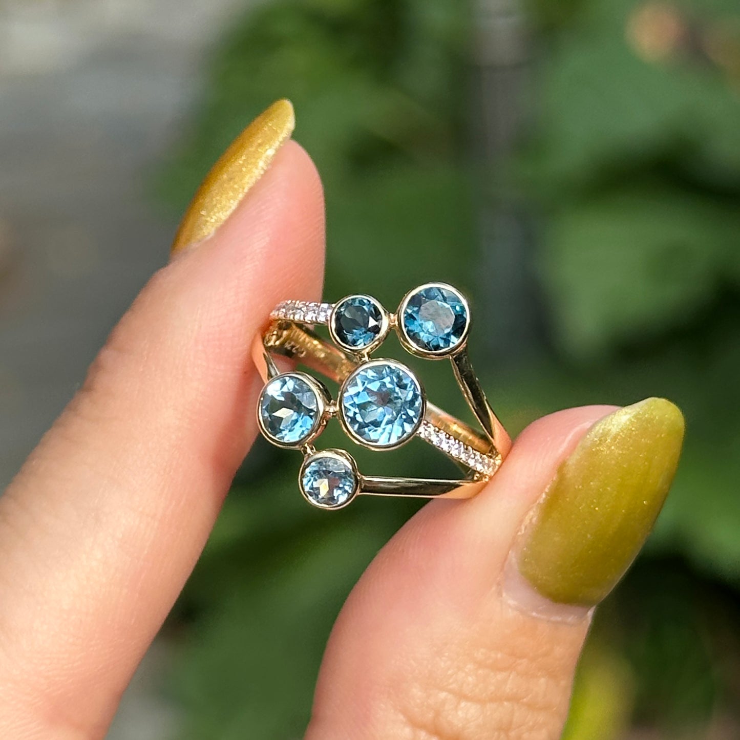 18KT Yellow Gold Round Swiss & London Blue Topaz + Diamond Ring