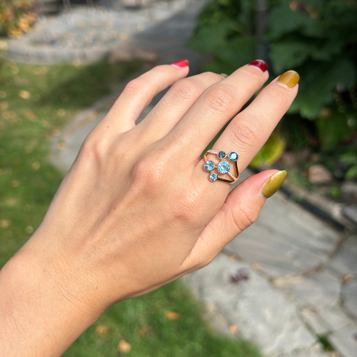 18KT Yellow Gold Round Swiss & London Blue Topaz + Diamond Ring