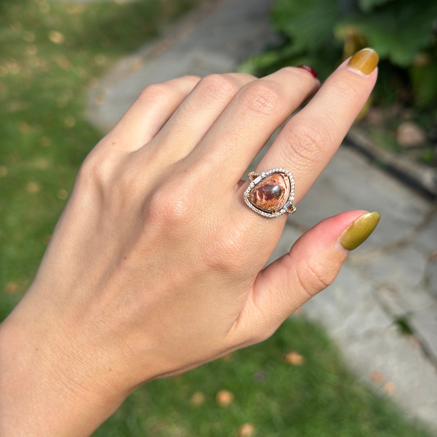 18KT Yellow Gold Dragons Egg Opal Baguette + Round Diamond Ring