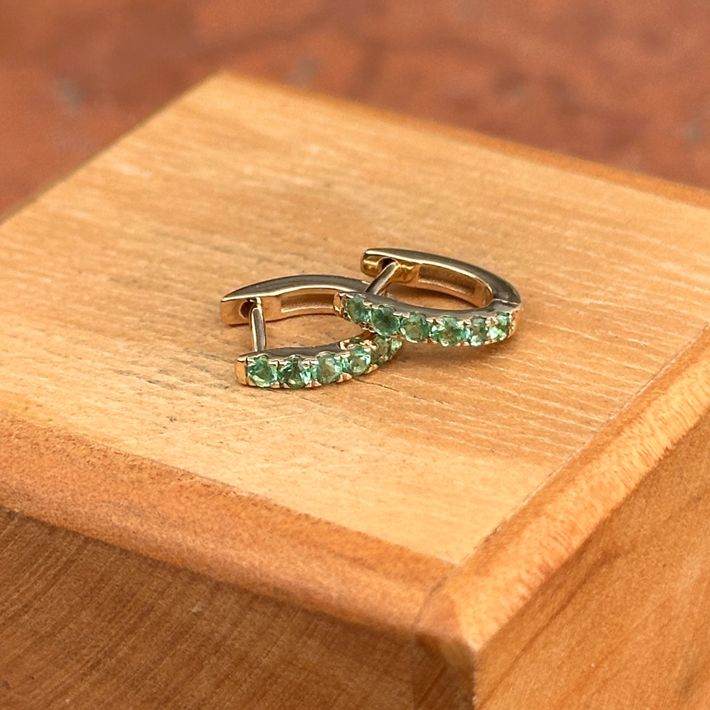 14KT Yellow Gold Emerald Huggie Hoop Earrings