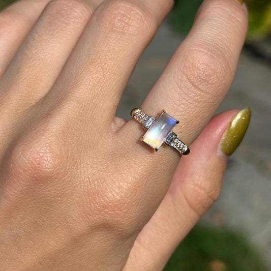 18KT Yellow Gold Rectangle Cabochon Moonstone + Diamond Ring