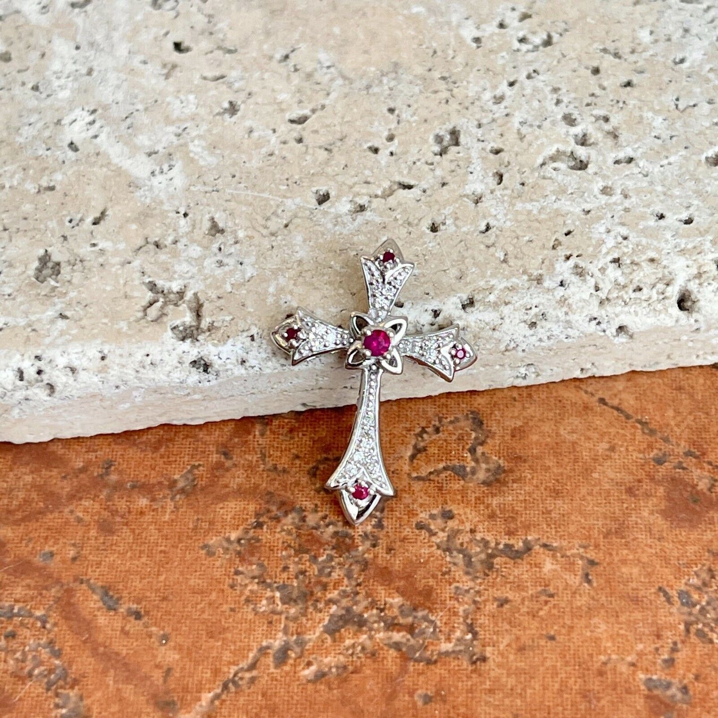 14KT White Gold Ruby + Diamond Pendant Cross