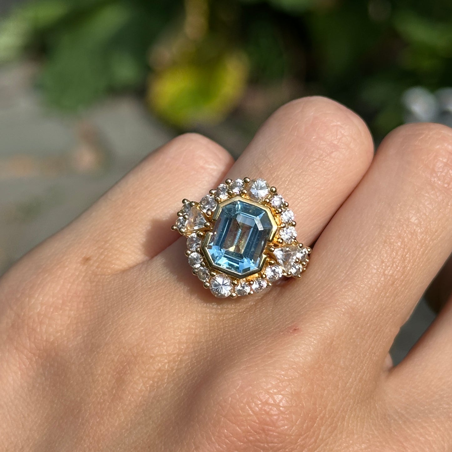 Yellow Gold-Plated Sterling Silver Emerald Cut Blue Topaz + White Topaz Ring