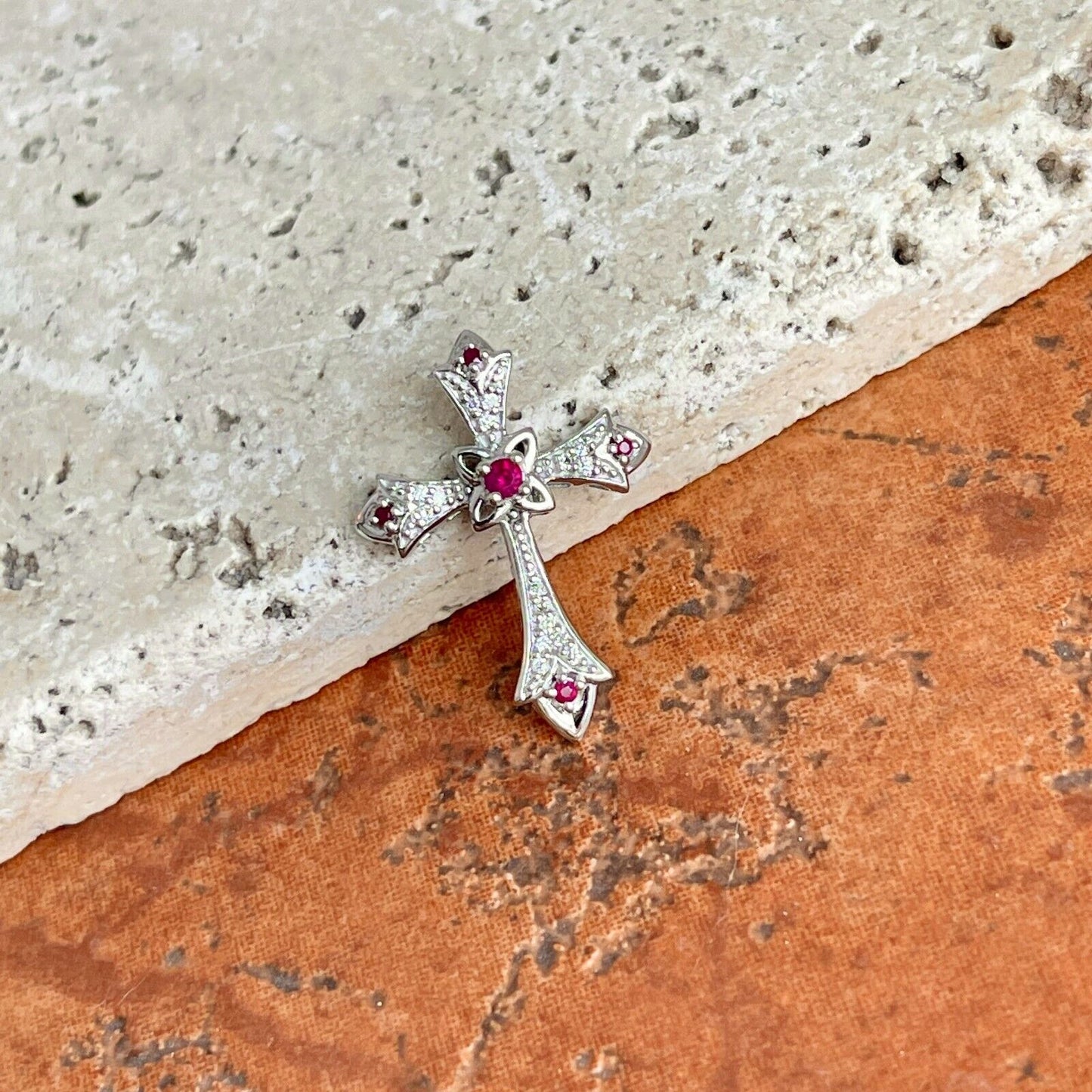 14KT White Gold Ruby + Diamond Pendant Cross