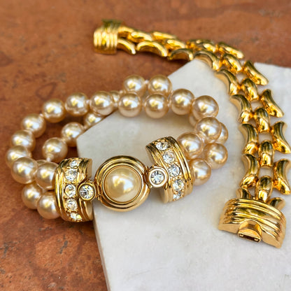 Estate Gold-Plated KJL Faux Pearl + Wide Link Interchangeable Bracelet Set
