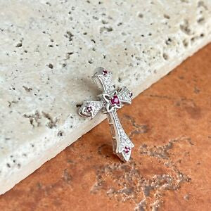 14KT White Gold Ruby + Diamond Pendant Cross